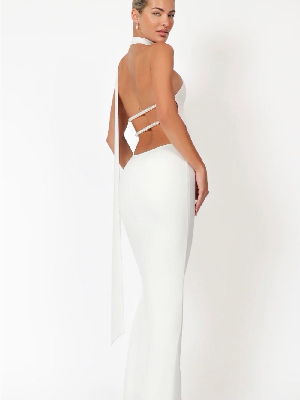 Backless Halter White Maxi Dress with Pearl Strap Detail